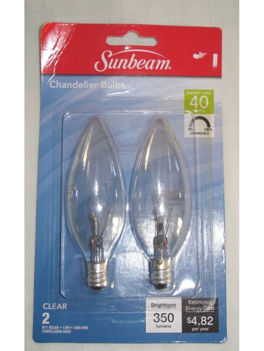 BNWT 2 Pack Sunbeam Clear Chandelier Light Bulbs 350 Lumens 40 Watts